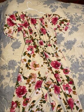 Women’s Cream Floral Off-Shoulder jumpsuit with Pink Blossoms